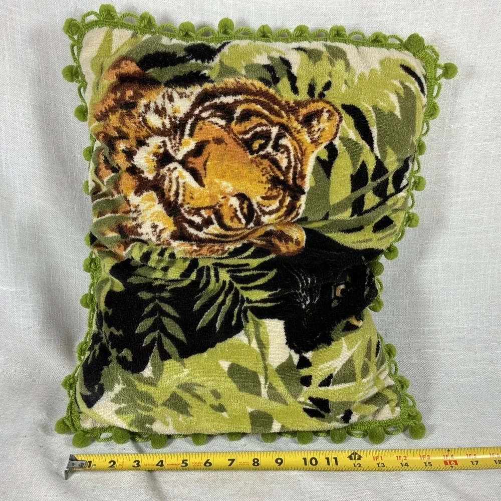 VTG 70s 80s Tiger Panther Throw Pillow Pom Pom Fringe Jungle Soft Handmade EUC